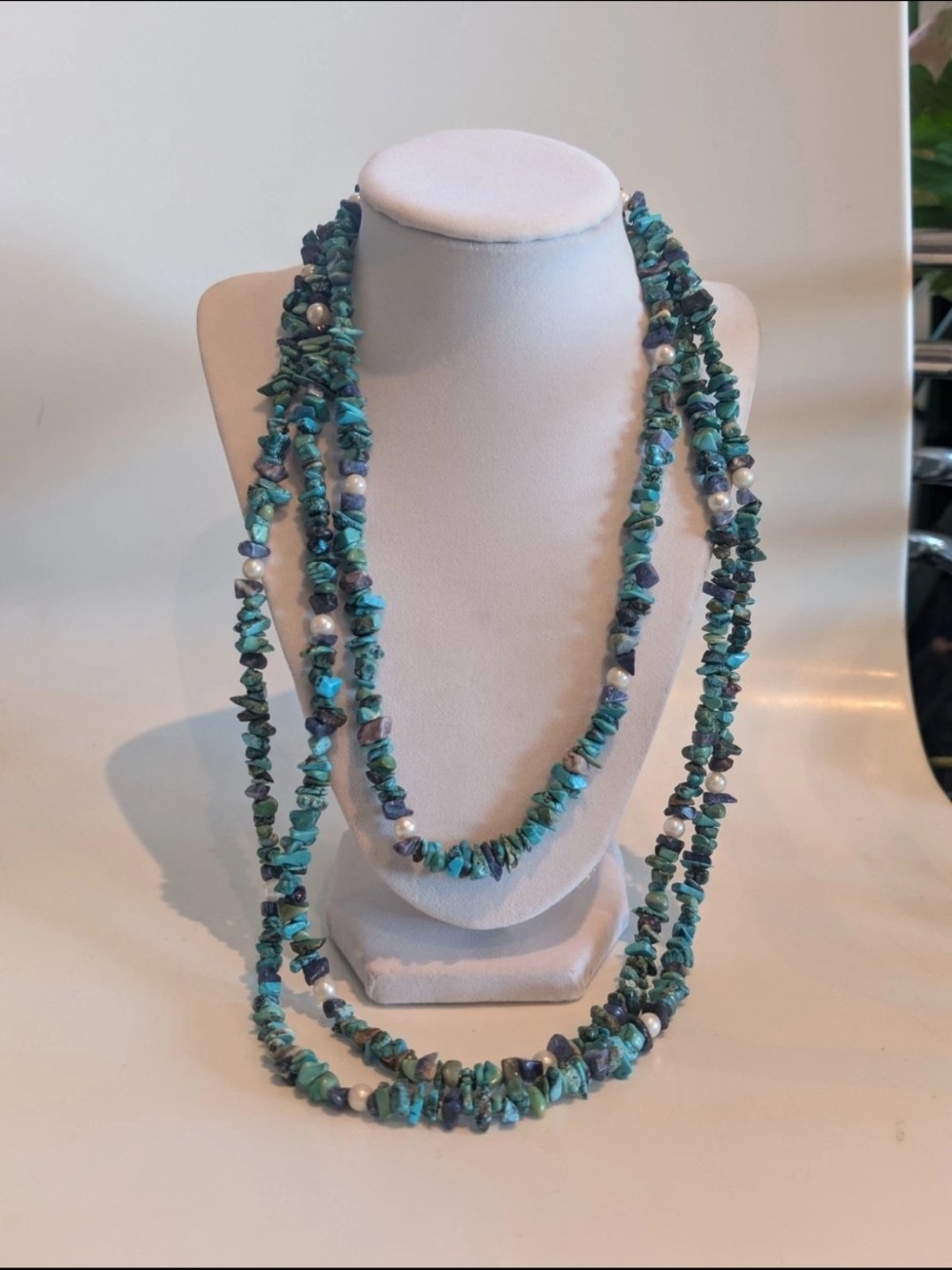 Vintage .925 Stamped Turquoise Lapis & Pearl Necklace, 38" Long!